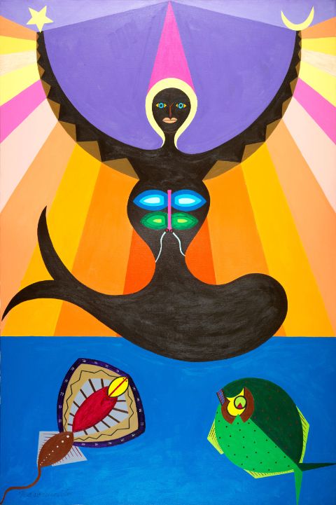Abdias Nascimento, Oxunmaré Ascende [Oshunmare steigt auf 1972], Acryl auf Leinwand, 152 × 102 cm. IPEAFRO Black Art Museum Collection, digitale Reproduktion von Miguel Pacheco e Chaves, RCS Arte Digital