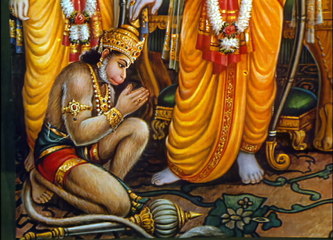 Detail from a religious poster depicting the Hindu god Hanuman.