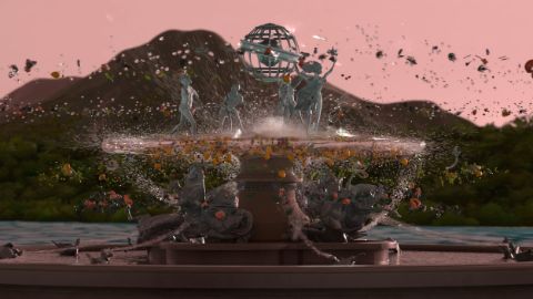 Still from Attila cataracte, ta source aux pieds, des pitons verts, finira dans la grande mer, gouffre bleu, nous nous noyâmes, dans les larmes marées, de la lune, Fontaine des Quatre- Parties-du-Monde, Julien Creuzet, produced by Institut français for the France Pavilion during the Biennale Arte 2024 (Venezia). Courtesy of the artist and Andrew Kreps Gallery, New York; DOCUMENT, Chicago, Lisbon; Mendes Wood DM, São Paulo, Brussels, Paris, New York