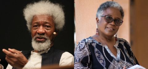Left: Wole Soyinka, Wörterbuch der Gegenwart (2016), Haus der Kulturen der Welt, Berlin. Photo: Stephanie Pilick. Right: Évelyne Trouillot, 2020. Photo: Le Nouvelliste