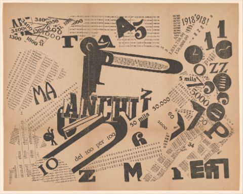 Filippo Tommaso Marinetti, Une Assemblée tumultueuse. Sensibilité numérique [A Tumultuous Assembly. Numerical Sensibility], foldout in Marinetti, Les mots en liberté futuristes, Milan: Edizione futuriste di “Poesia”, 1919