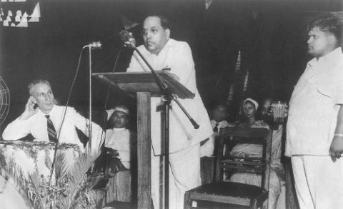 B.R. Ambedkar addressesing a conference on the occasion of Buddha Jayanti organized at Ambedkar Bhawan, Delhi. Photo: Wikcommons, Public Domain