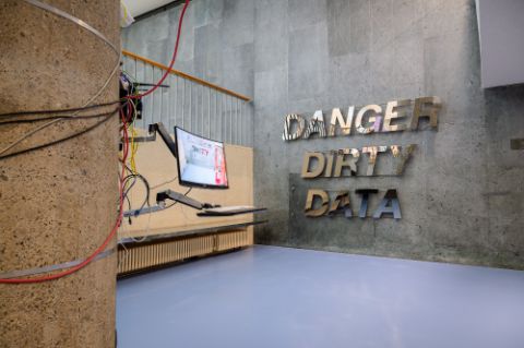 Julia Scher, Danger Dirty Data, Tell Your Story (2025), mixed-media installation. Photo: HKW/Hanna Wiedemann