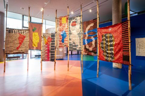 Pélagie Gbaguidi, The Architecture of Courage (2026), exhibition view. Photo: Mathias Voelzke/HKW