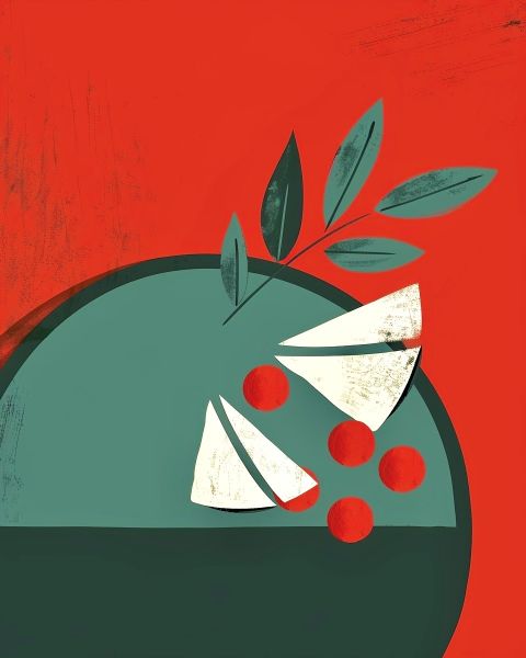 Ausschnitt eines Haft-Sin-Tisches mit Gegenständen, die den Frühlingsbeginn symbolisieren, hier Äpfel und Zweige, Illustration von Ava Irandoost