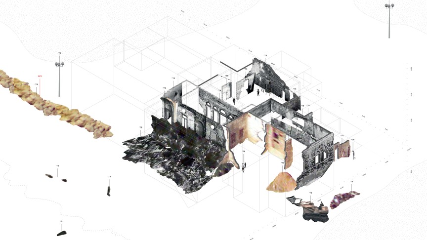 Forensis | Gabriel Cuéllar / DAAR, RUINS UNDER CONSTRUCTION | The ruins of three houses, reconstructed with fragments from historical photographs | Visualization: Gabriel Cuéllar